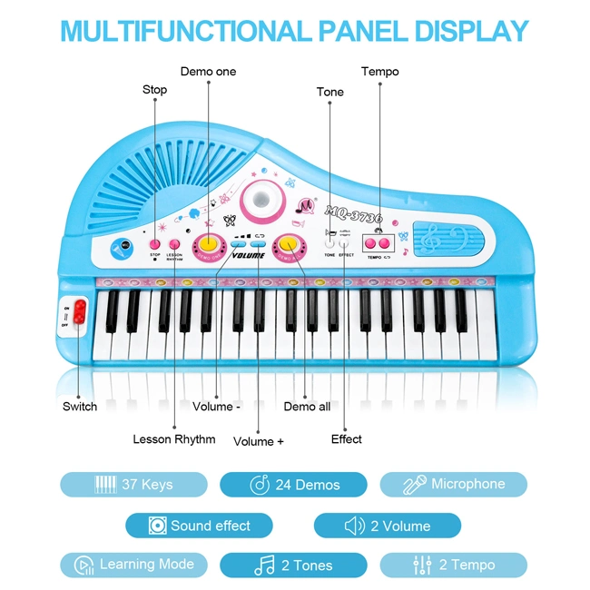 Sky Blue 37 Keys Electronic Organ Keyboard Toys Детский мюзикл Инструменты Пиано Учебная игрушка с микрофоном Детские игрушки Музыкальный инструмент