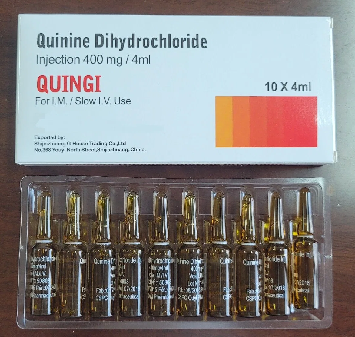 Quinine Dihydrochloride Injection 600mg/2ml GMP Pharmaceutical