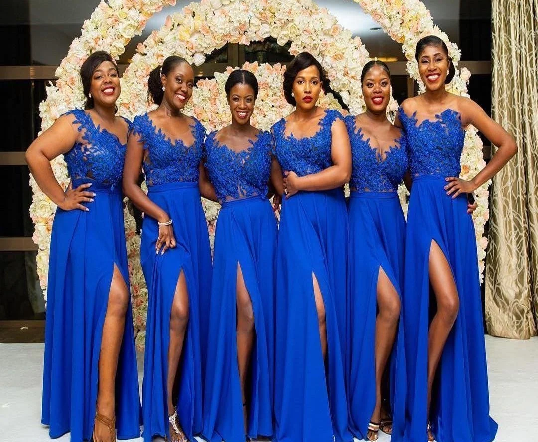 African Royal Blue Bridesmaid Dresses A Line Cap Sleeve Chiffon Lace Maid of Honor Gowns A9