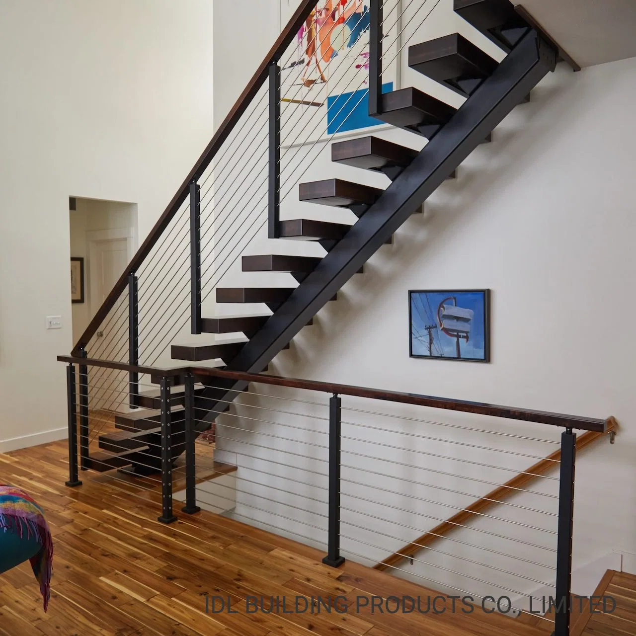 America Style Prefabricated Stainless Steel Floating Wood Stairs with Steel Beam Cost and Solid Wood Steps Indoor Straight Staircase