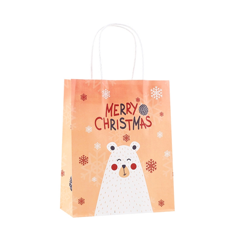 precio de fábrica las decoraciones de Navidad reciclables Kraft marrón bolsa de papel con asa de papel Bolsas promocionales