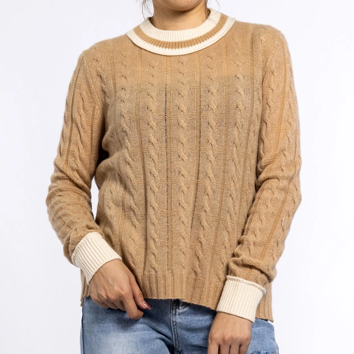 Spring Knit Tops Round Neck Lurex Yarn Ribbed Pullover Sweaters for Women