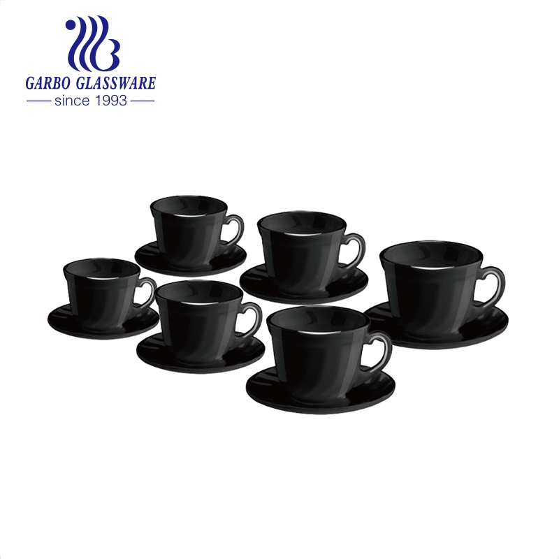 Hot Sale 6PCS Set Square Shape Black Opal Glass 220ml Tea and Coffee Drinking Set with Saucer