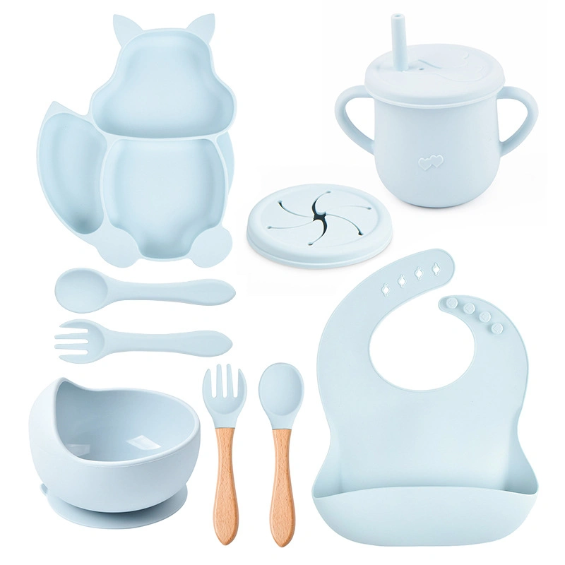 Wholesale/Supplier Baby Silicone Sippy Cup Fork Spoon Bib Kids Tableware Dish Suction Silicone Dinner Set