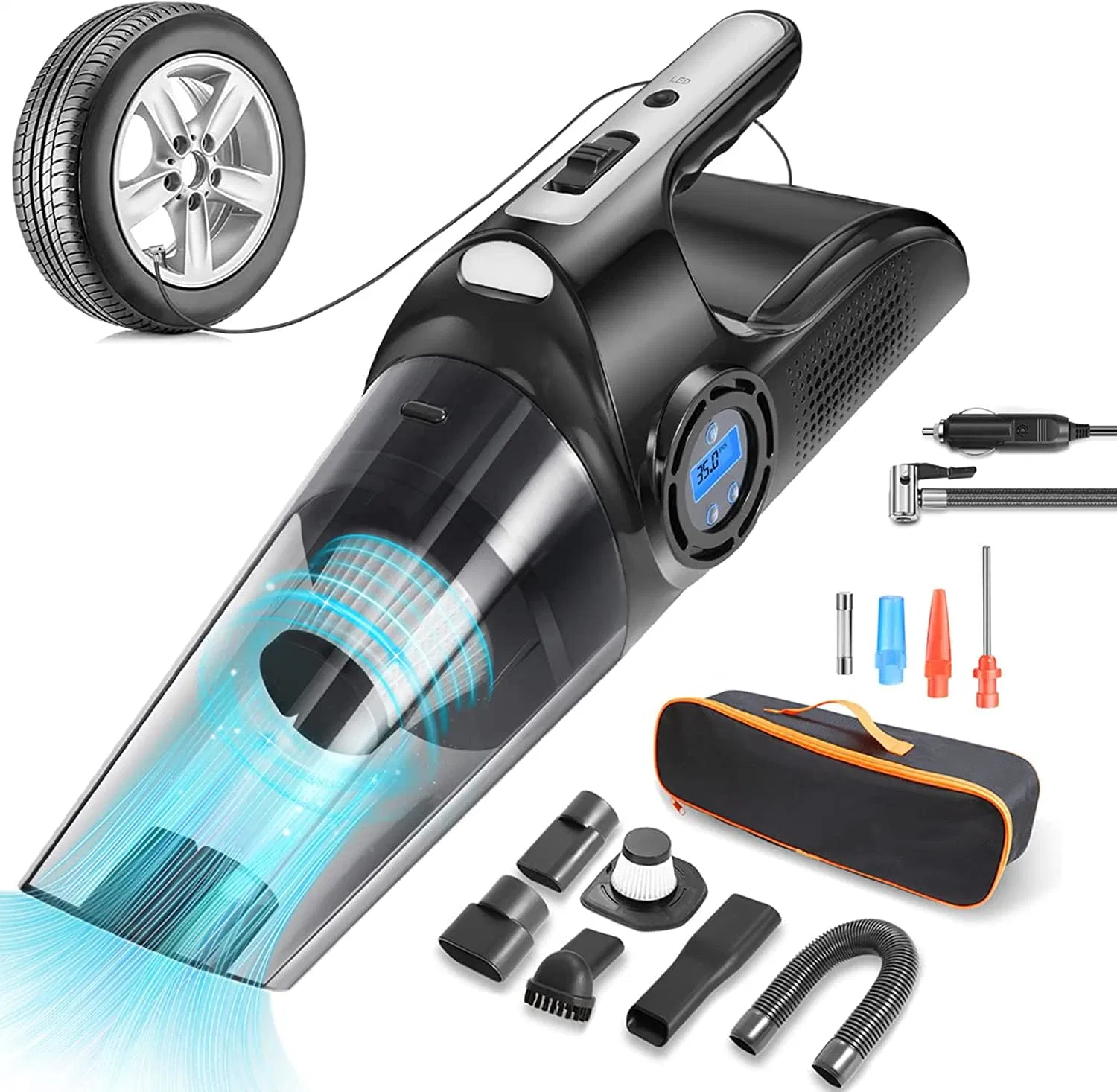 4-in-1 Car Vacuum Cleaner Tire Inflator 120W/DC 12V with LCD Tire Pressure Display LED Light Wet/Dry Air Compressor