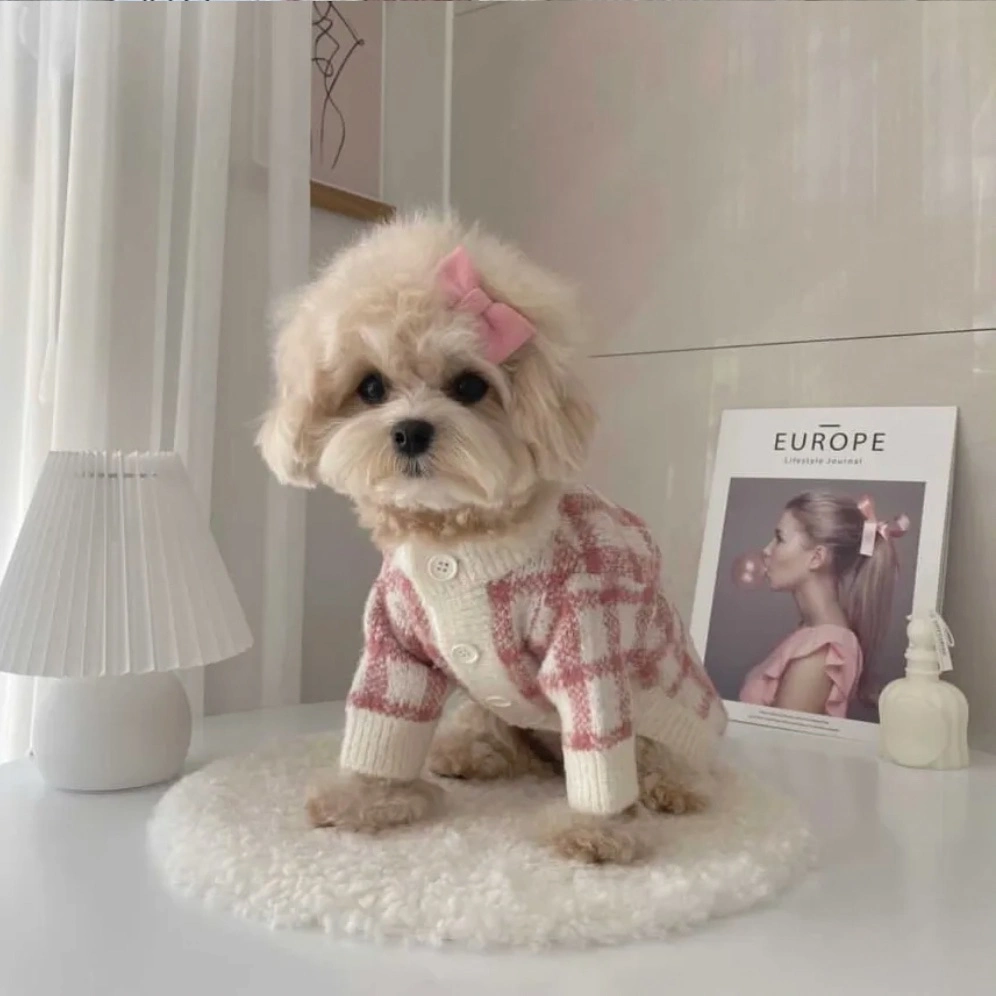 Ins Style Dog Sweater Pet Clothes Pink Blue Check Knit Cardigan Autumn Winter Pet Clothes