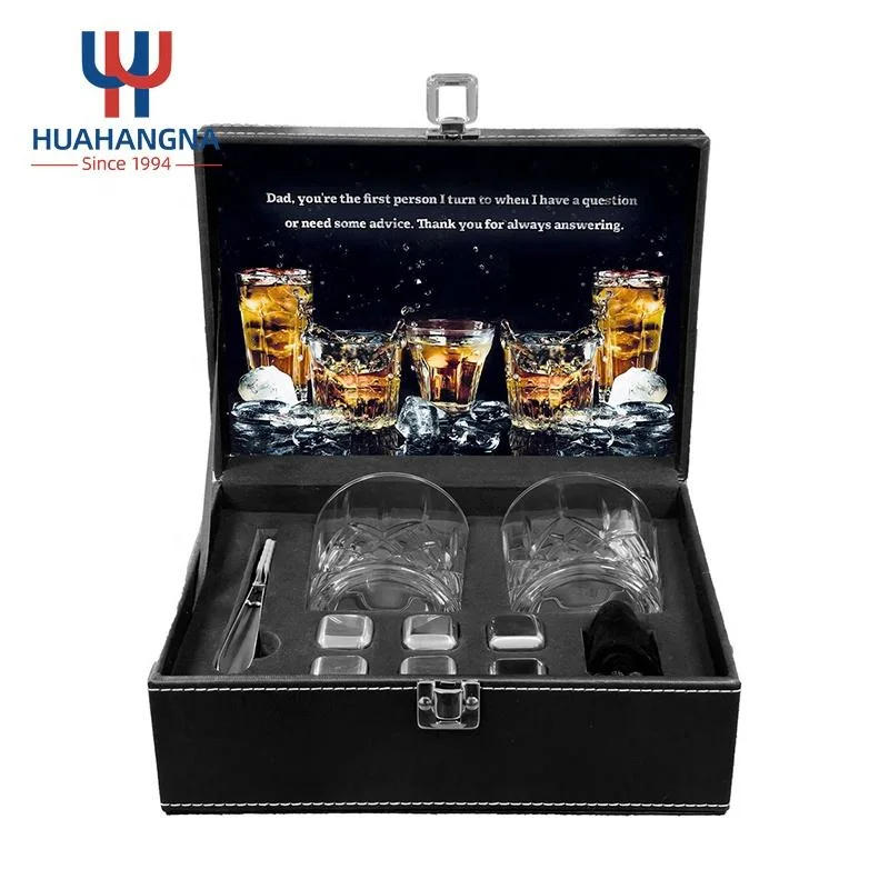 La barra de acero inoxidable Accesorios Amazon Metal escalofriante Whiskey Cubitos de hielo y alrededor de vasos de whisky en cuero Caja de regalo