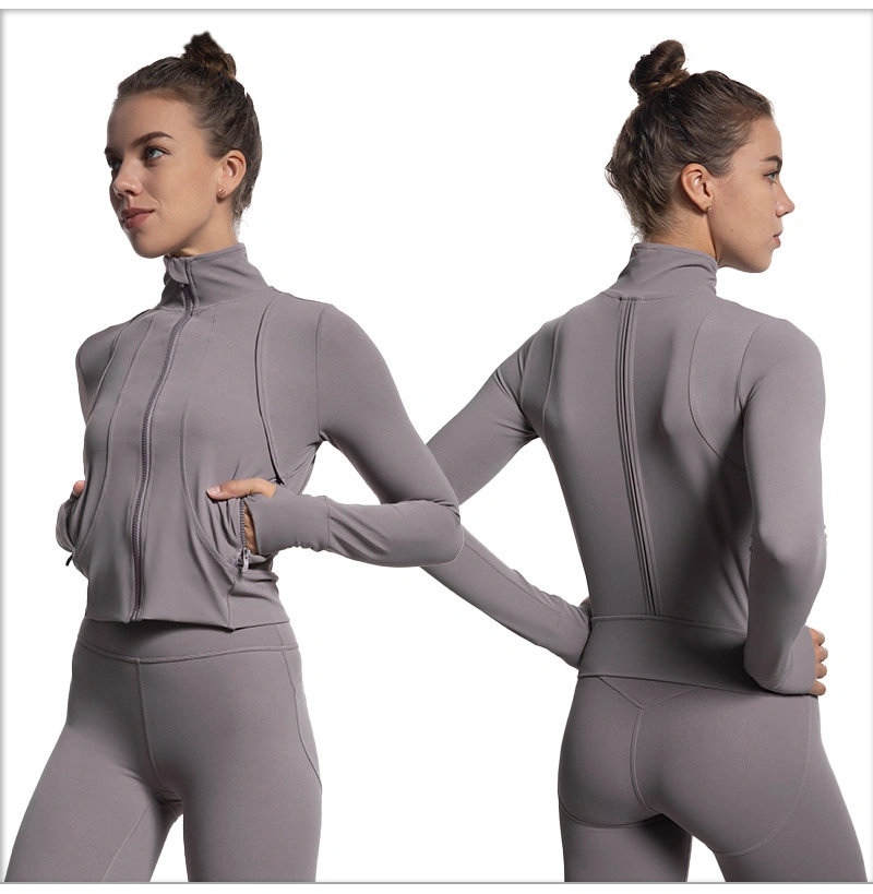 Roupa de ioga apertada para mulher ′ S gola de suporte solta com capuz Zipper Casaco Quick Dry Suit Pocket Yoga Clothes para mulher