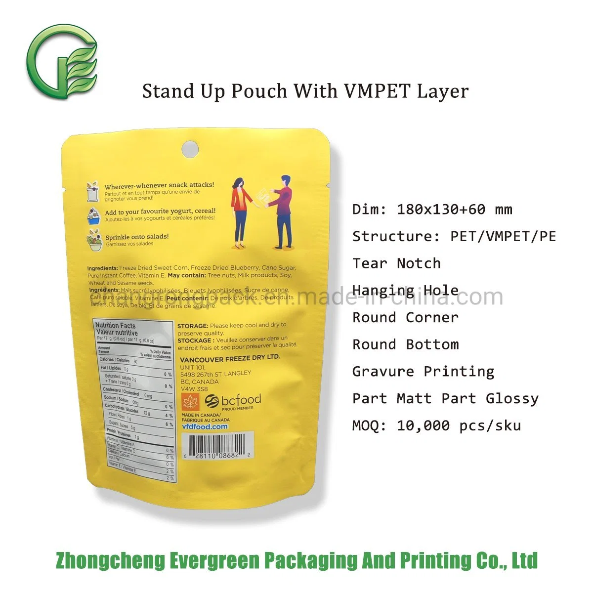 Food Packaging Bag Customized Printing on-The-Go Snack Dried Fruites Berries Sachet Hang-Holes Doypack Pouches