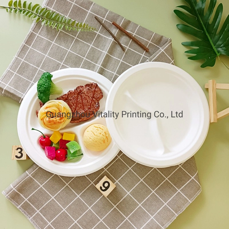 Disposable Biodegradable Sugarcane Pulp 12 Inch 3 Compartments Round Cake Plate Picnic Plate BBQ Tray