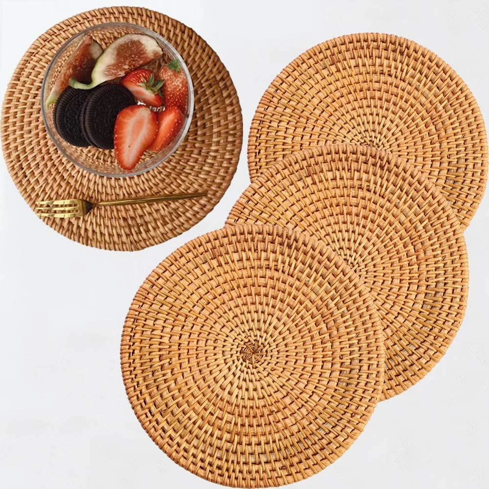 Natural Hand Woven Rattan Placemats for Dining Table, Decorative Heat Resistant Mats for Kitchen Coutertops, Round Diameter 35cm