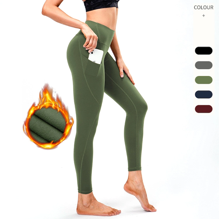 Neue trendige dünne Fleece gefütterte Trainingshose Gym Hose für Damen, seitliche Handytaschen Yoga Hose Frühjahr/Herbst/Winter Trainingsbekleidung Leggings