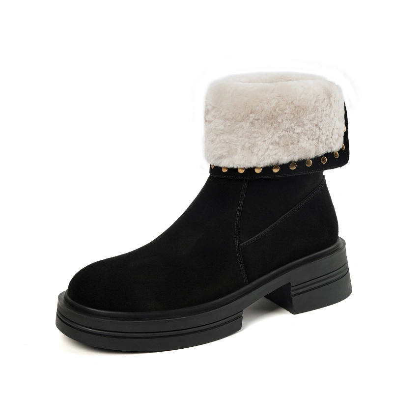 Ladies Black Suede Turnover Fur Collar Warm Winter Booties Flat Heel Ankle Boots for Women