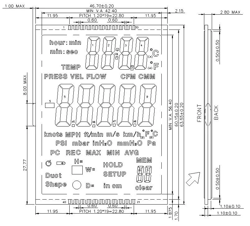 Tn Segment LCD Press Flow Testing Meter Display