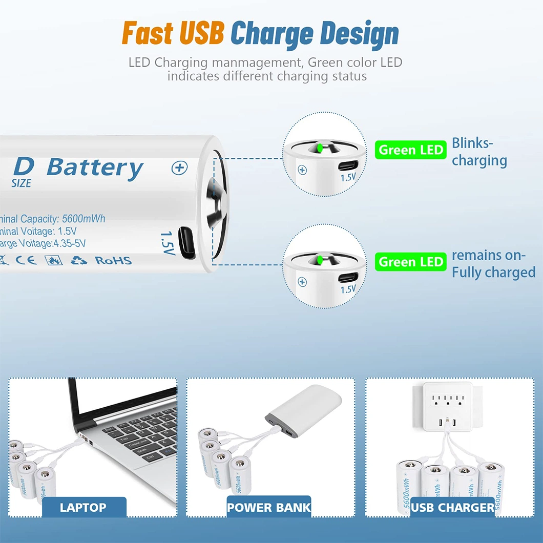 بطارية ليثيوم قابلة لإعادة الشحن بقوة 1.5 فولت عالية السعة من نوع D مزودة بمنفذ USB كابل الشحن