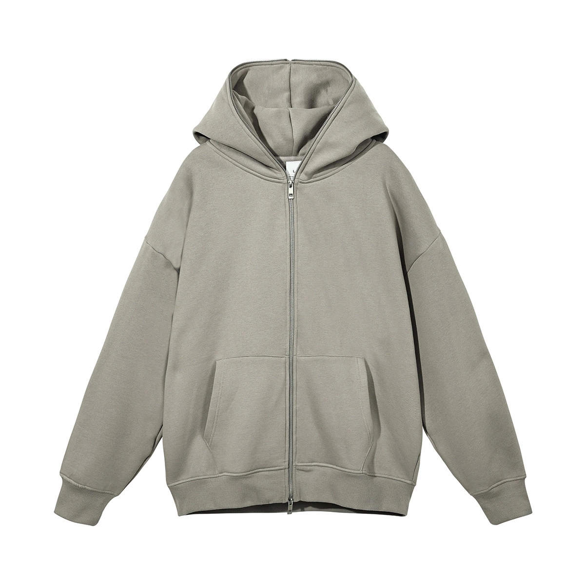 Two Way Zipper Fleece Puff Print Grey Drop Shoulder Cotton 600 GSM Y2K Full Zip up Zipup Hoodie Custom Oversize Brown Blank