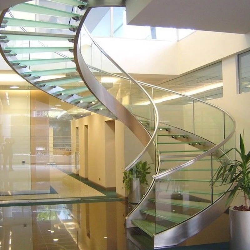 Luxury Villa Commercial Curved Wood/Glass/Marble Staircase Metals Stairs with LED Light