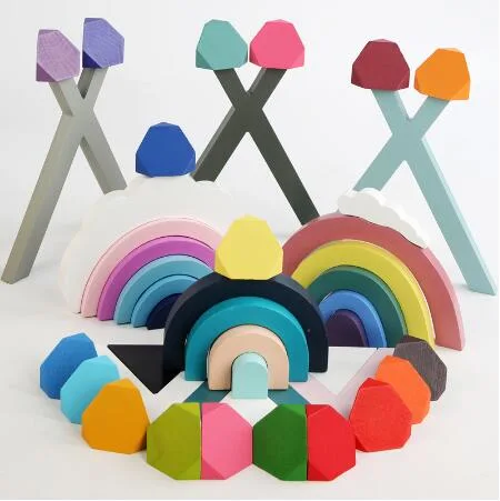 Hot Sale Toys Rainbow Building Blocks Funny Eco-Friendly Montessori Educational Wooden Stacking Bricks for Kids