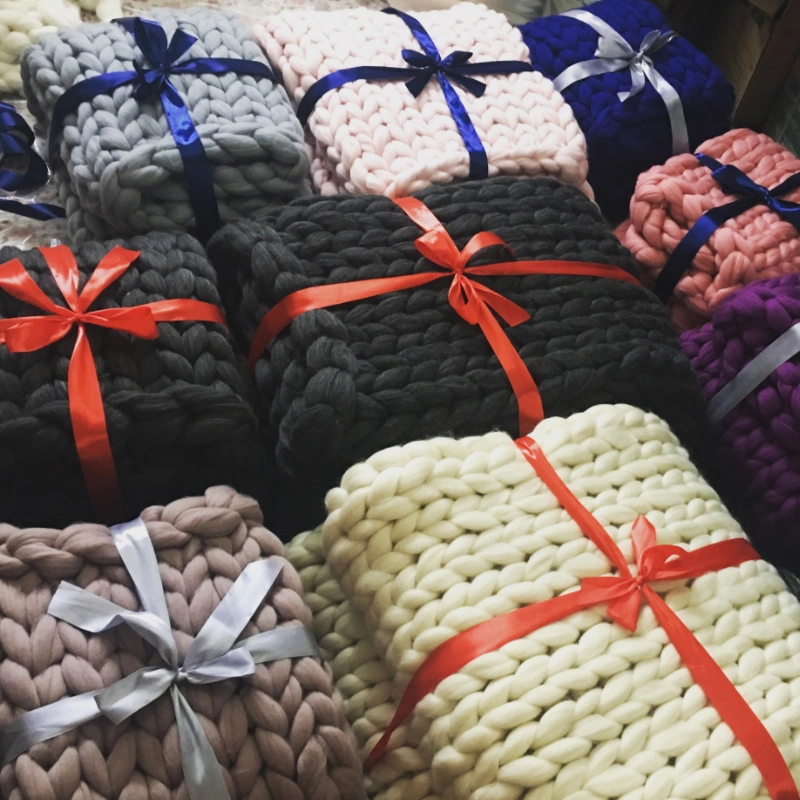 Handmade Crochet Chunky Weighted Knit Merino Wool Blanket Chenille Bed Sofa Throw Blankets