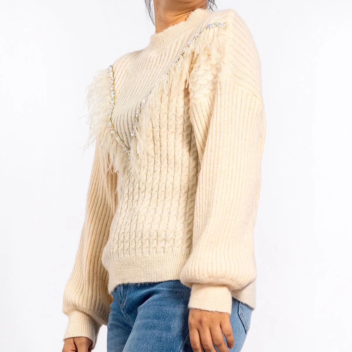 Winter Knitted Round Neck Feather Tassel Woven with Beads Long Sleeve Pullover Womens Sweaters