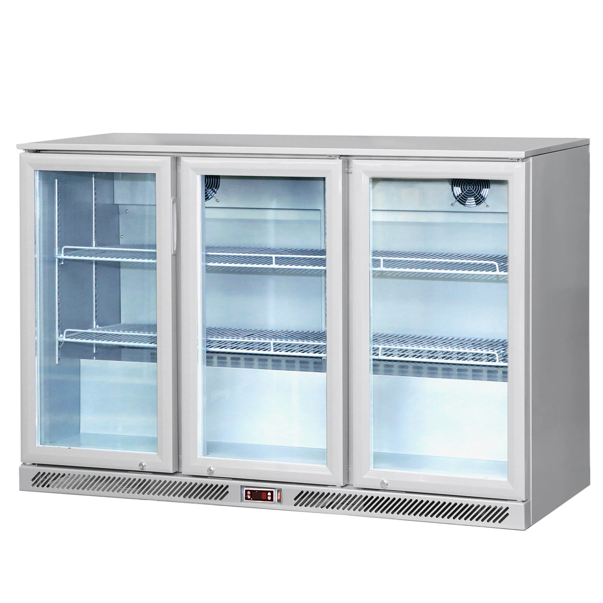 Nuevo diseño de la barra de refrigerador comercial Contador - 1,33 m - 320 litros con 3 puertas de vidrio y 2 estantes - Gris