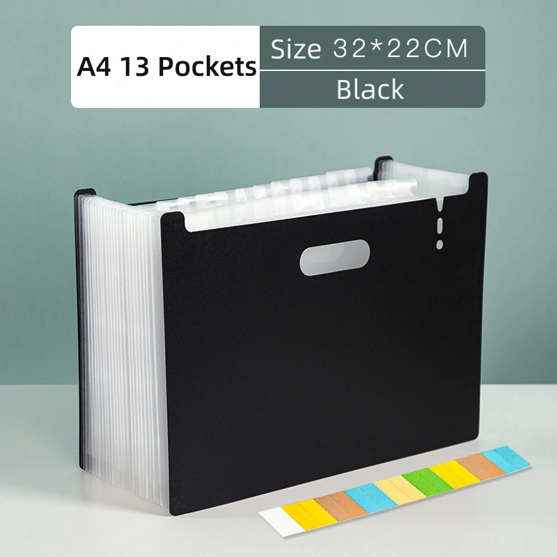 A4 Size 13 Pockets Black Color PP Material Free-Standing Expanding Organizer File Folder Expandable Accordion Folder Upright & Open Top