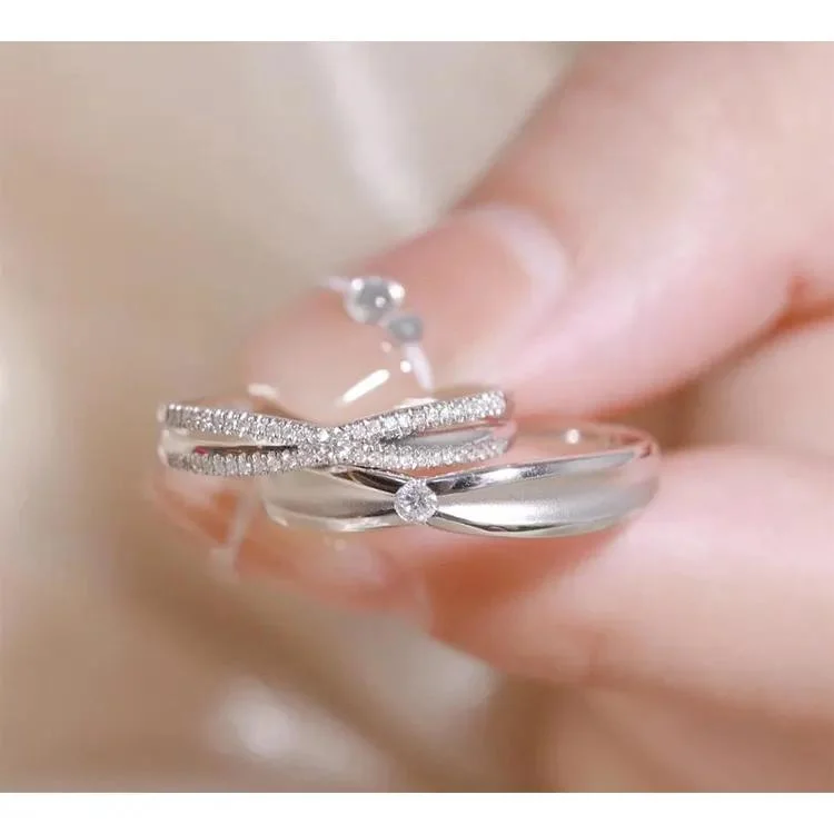 Luxury Trend Jewelry New Temperament Elegant Diamond Row 18K Gold Plated Ring Couple Set