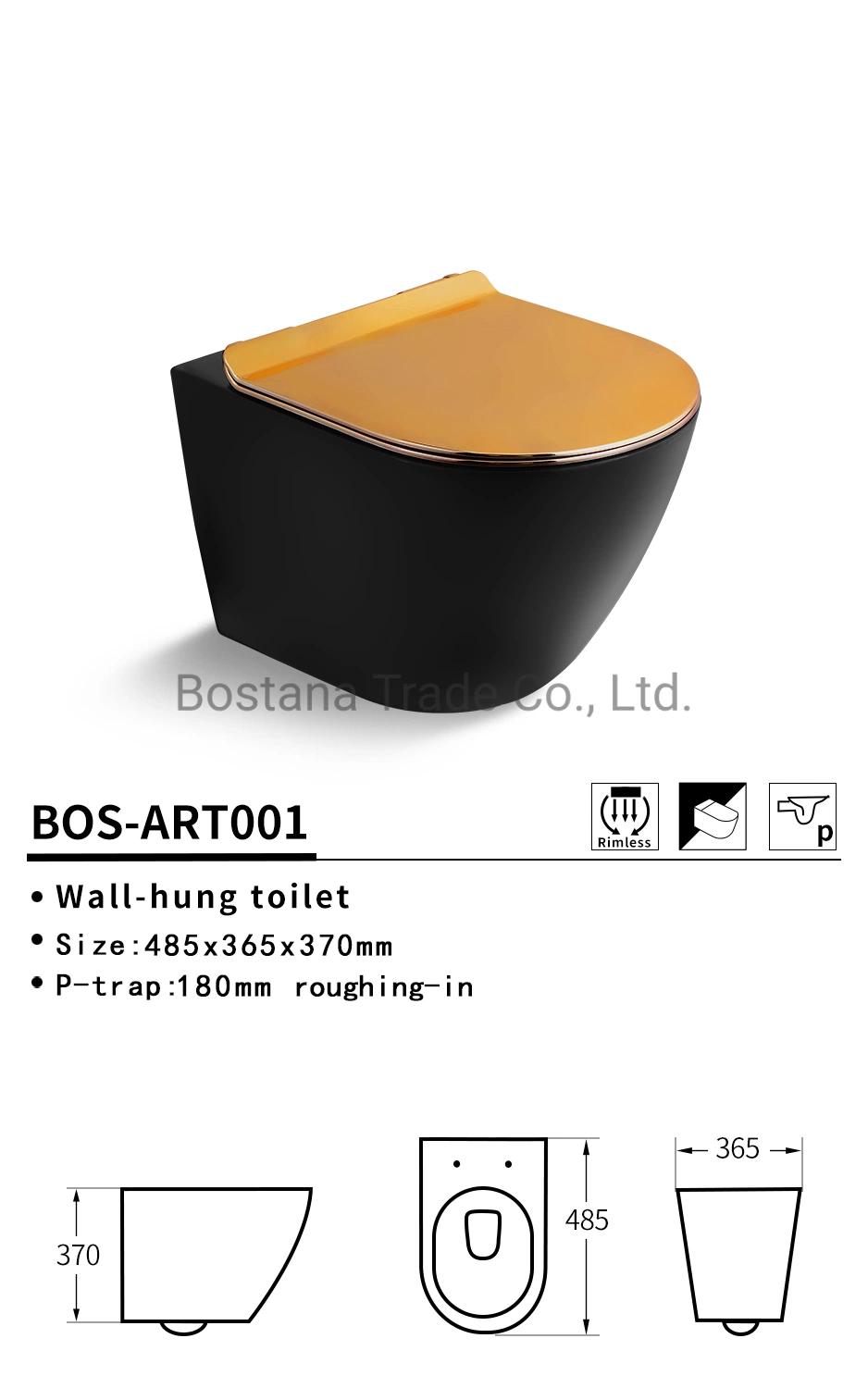 Lavatory Porcelain Gravity Flush P-Trap 180mm Round Wc Pan Watermark Wras Rimless Wall Hung Wc Art Toilet