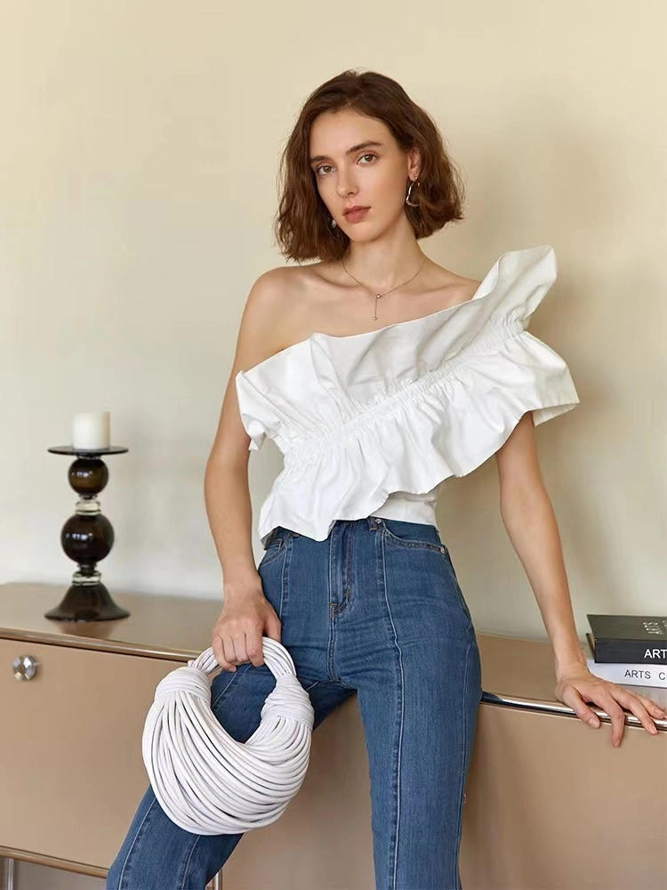 New Design Ruffle Slim Fitted Waist Elegant Summer Ladies Blouse