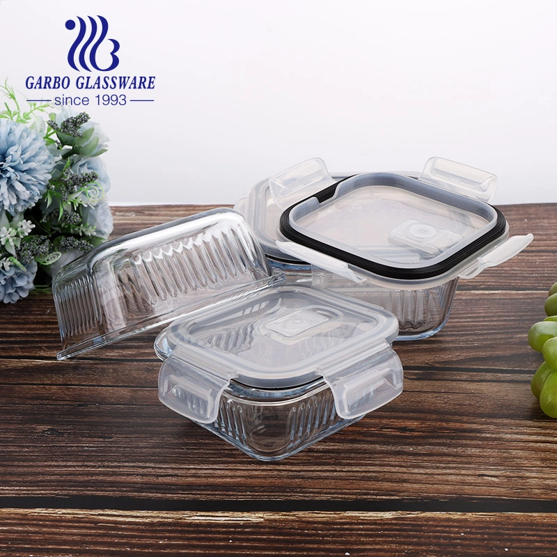 Quadratische Form Borosilikatglas Aufbewahrungsbehälter Schüssel Set H Muster Lunchbox mit Deckel Glas Food Storage Bowl