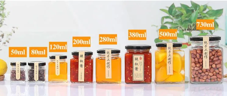 Quadratische Glasflasche Glas mit Metallschraubendeckel versiegelt Dosen Honey Packaging Pickles Flaschen