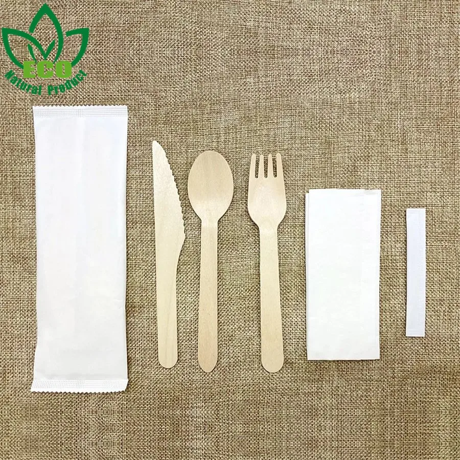 Natural Wood Cutlery Sets Pack with Paper Wrapped Individually Packed Disposable Cutlery