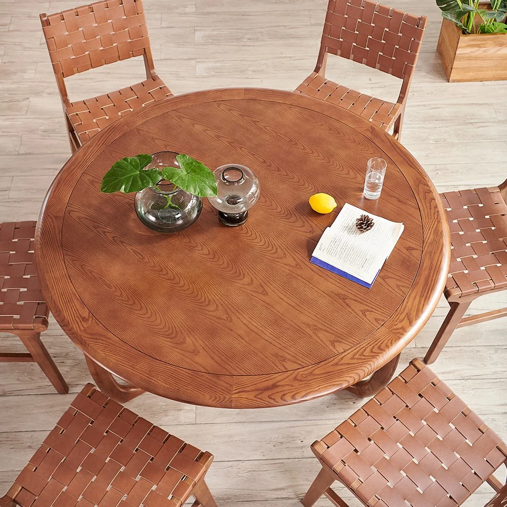 Home Wood Round Table Unfolded Brown Restaurant Chair 6 Seats Dining Table Set