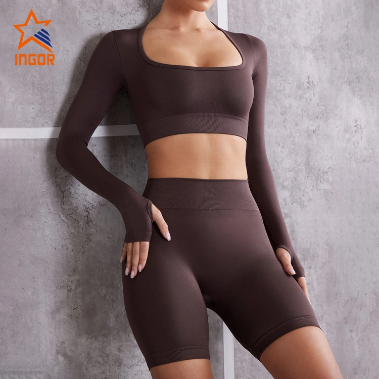 Ingor Sportswear OEM ODM Custom Sports Yoga Top Women Gym Seamless Active Wear Long Sleeve Crop Tee Sports Fitness Gym Wear