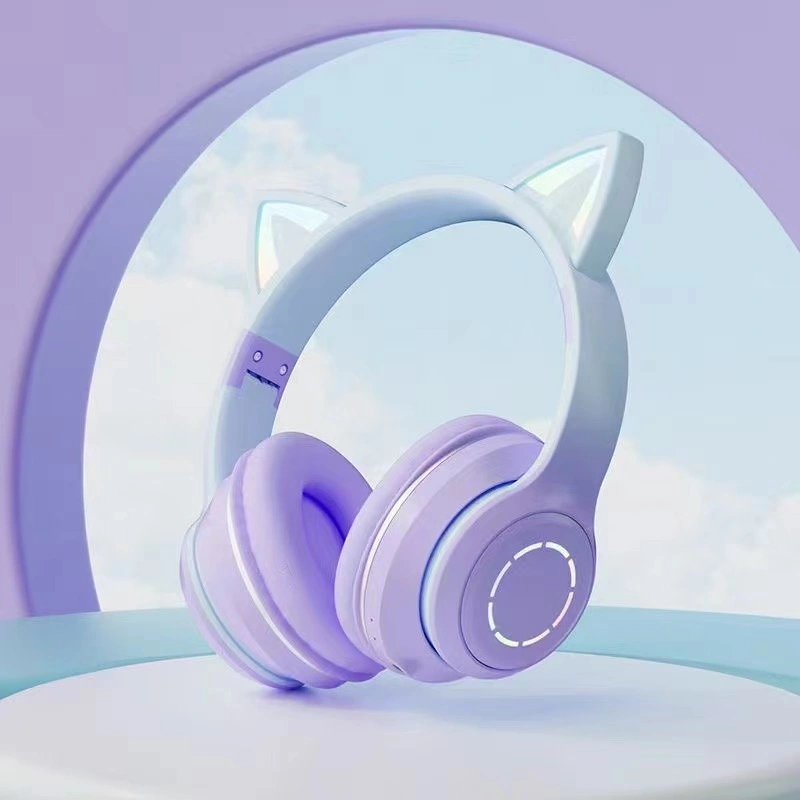 2023 New Model Hot Selling LED Light Cat Ear Bt Headset Headphone Luminous Foldable TF Card Stereo Wireless Headphones