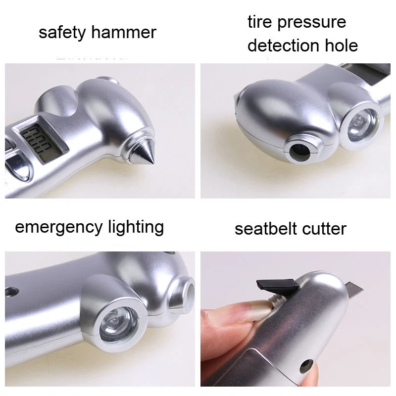 Multifunction Portable Emergency Tool Kit Safety Hammer Steel Car Tire Pressure Gauge