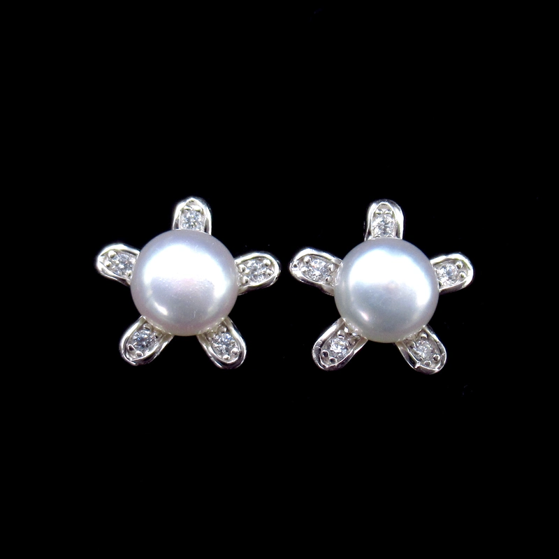 Korean Women Jewelry Sterling Silver Natural Cultured Freshwater Pearl Stud Earrings