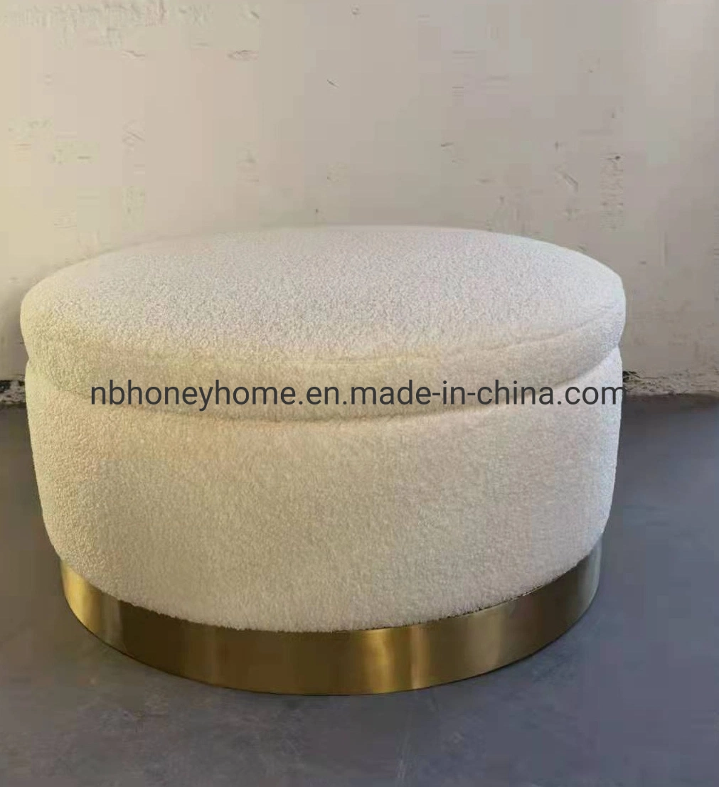 Big Round Pouf Stainless Steel Base Boucle Fabric Storage Otooman