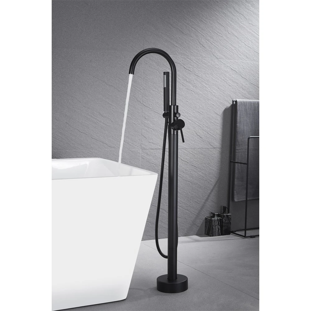 Wholesale Freestanding Matt Black Floor Mounted Bathroom Brass Bathtub Faucet with Hand Shower