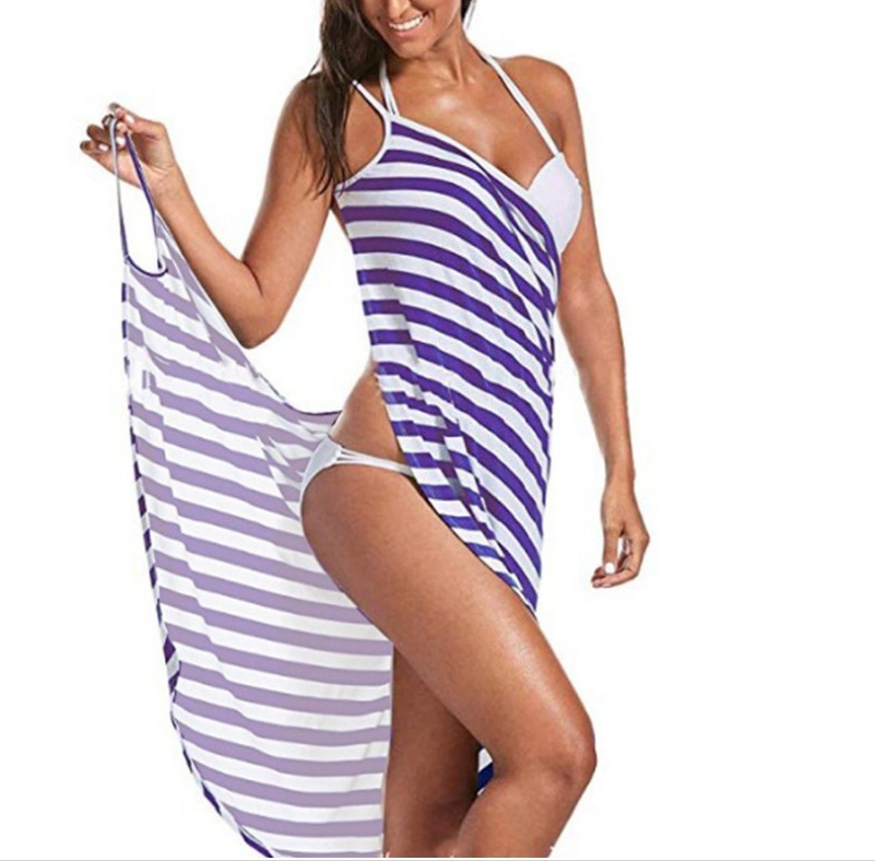 Summer Holiday Women Sexy Open Back Slim Strap Beach Dress Casual Custom Printting Striped Maxi Beach Sexy Ladies Side Slip Dress