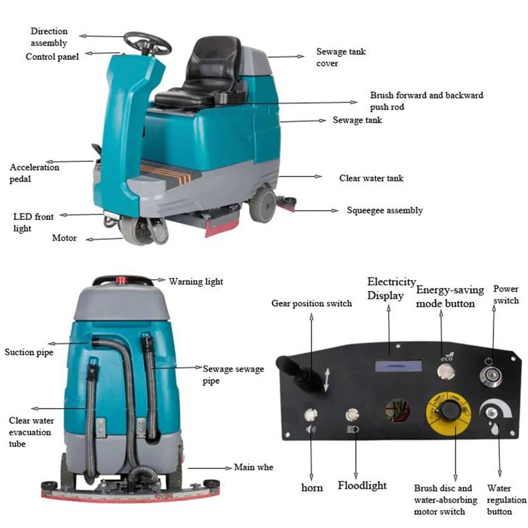 Industrial Comercial totalmente automático Paseo en máquina de estropajo de piso eléctrico Para almacén/Aeropuerto/Tienda/Supermercado Limpieza de suelos de baldosas