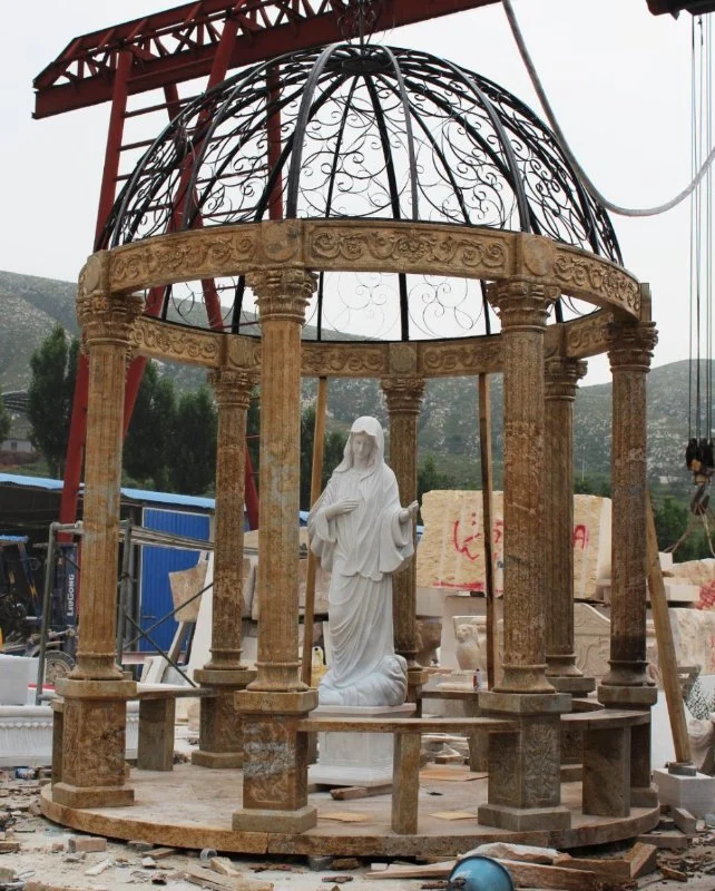 Garden Decor Design Hand Carved Yellow Sandstone Roman Column Marble Pavilion Gazebo with Iron Roof (SYMG-1026)