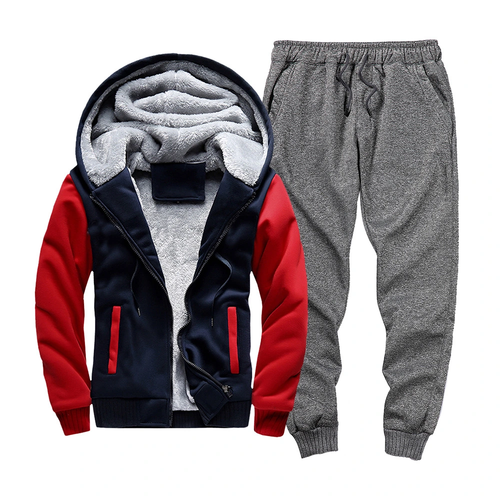 2021 S-2XL Contrast Colors Winter Daily Fleece Jogging Training Zipper Hoodie Men&prime; S Sportswear Tracksuit Set with Warm Fur Lining