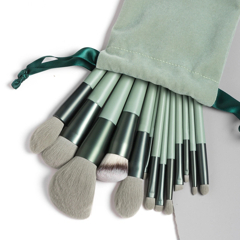 13PCS Spring Green Makeup Brush Set with Velvet Drawstring Pouch Bag Beauty Make up Brushes