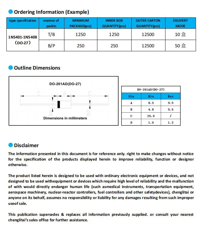 الصمام الثنائي شبه الموصل 1n5407 مع مجموعة DAC-201AD 3A/800V جهاز إعادة تركيب للأغراض العامة الصمام الثنائي