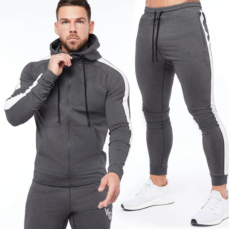 Tianchen Factory Wholesale Slim-Fit Cotton Hooded Zipper Gym Jacket with Sweat Pants 2PCS Set Fitted Custom Mens Sports Jogging Suits Soccer Stripe Tracksuit