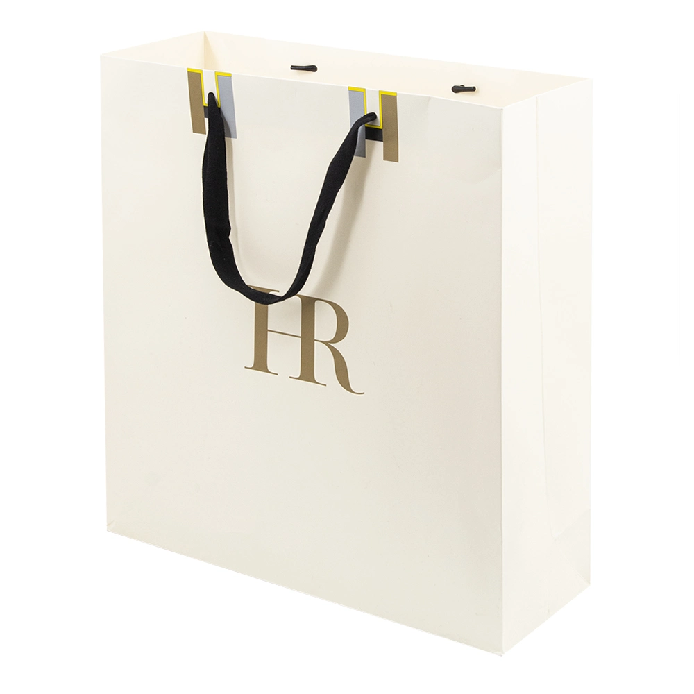 Hot Sale Gold Logo Offset Printing Flat Handle White Paper Bag for Cosmetic Products