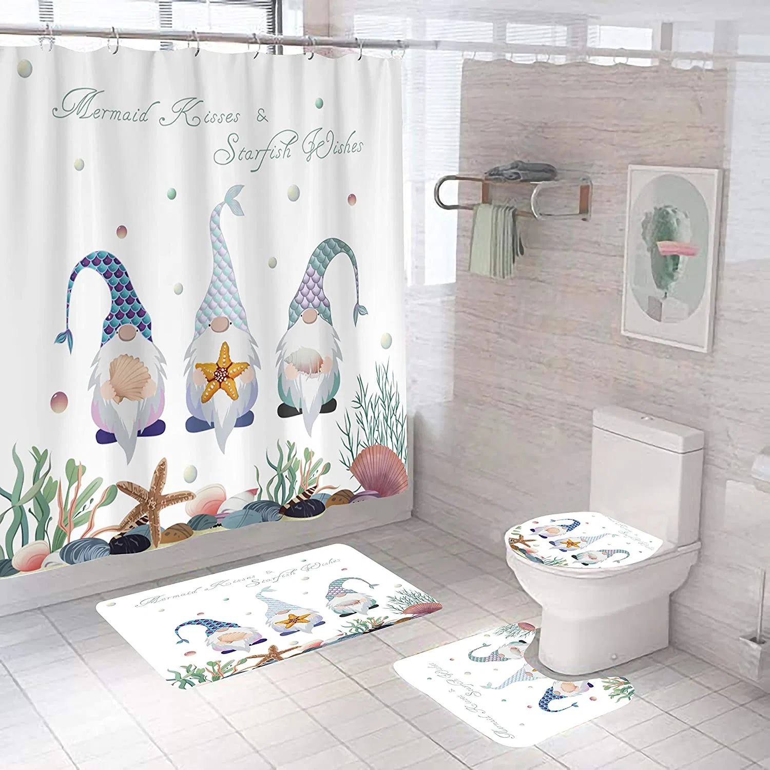 Christmas Gnome Shower Curtain Sets 4PCS with Holiday Decorations Non-Slip Rug, Toilet Lid Cover, Bath Mat and 12 Hooks Durable Waterproof Bath Curtain