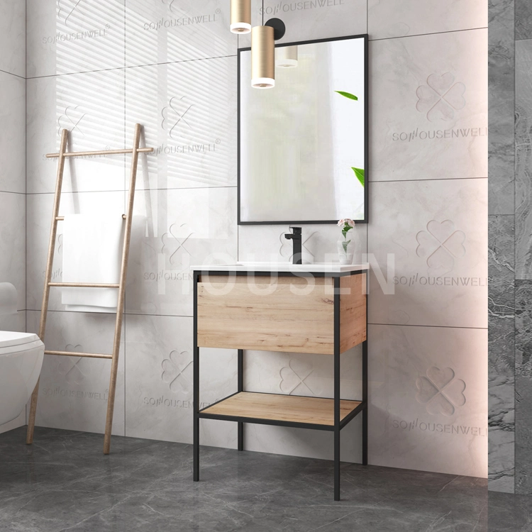 Luxury Nordic Style Black Frame Structure Bathroom Furniture Hotel Homestay Mirami Wood Grain Bathroom Cabinet