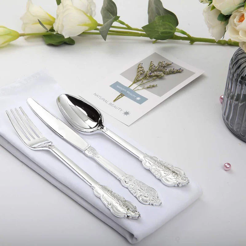 Gold Plastic Silverware Carved Cutlery Set Embossed Silver Vintage Design Disposable Rose Gold Elegant Cutlery